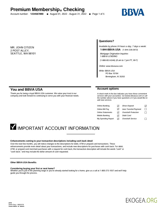 Modèle Word et PDF de relevé bancaire USA BBVA, 5 pages